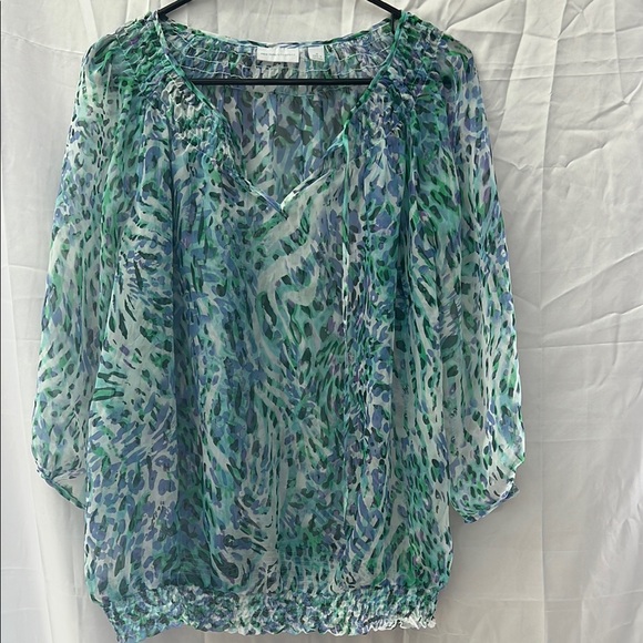 New York & Company Tops - New York & Company Sheer Green and Blue Flutter Sleeve Blouse